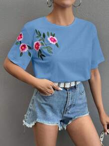 RueChic 100%Cotton T-Shirt With Flower Embroidery, Round Collar - Blue - View 5