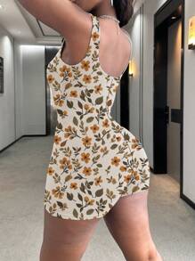 INAWLY 大码女式花卉印花无袖连体衣，适合夏季 - 卡其色 - 查看 3