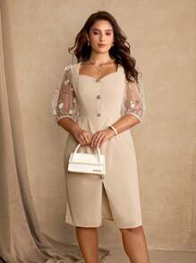 Roveilla Đầm midi ôm sát tay ngắn màu mơ thanh lịch cổ vuông xẻ tà phía trước cho nữ cỡ lớn - Màu be - Xem 6