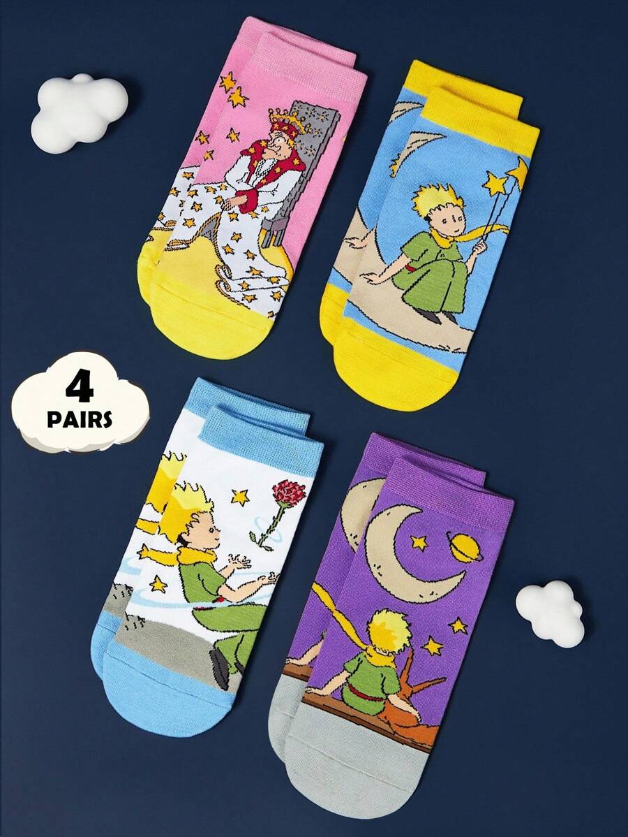 LE PETIT PRINCE X SHEIN 4 双柔软透气吸湿排汗休闲女士短袜时尚可爱卡通图案短袜加固脚趾和脚跟，适合所有季节，百搭，月亮和星星