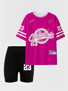 SHEIN 女士休闲时尚创意图标形状字母数字 23 印花宽松 T 恤和骑行短裤套装 - 彩色 - 查看 4