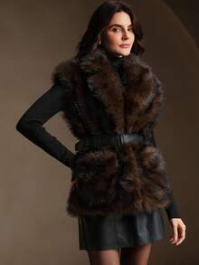 Anewsta 人造毛皮背心配皮带毛绒缺口翻领舒适冬季外套秋季、冬季、外出、优雅、别致、正式、圣诞节、婚礼、优雅派对 - 棕色 - 查看 7