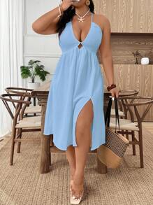 EMERY ROSE Váy maxi hở lưng màu trơn gợi cảm cỡ lớn cho nữ, đi nghỉ - Màu xanh lam - Xem 4
