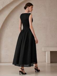 Modelyn Đầm suông cổ tròn xếp ly không tay đính đá sang trọng cho nữ - màu đen - Xem 3