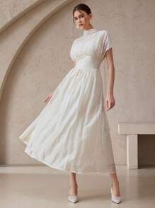 Modelyn Women's Floral Jacquard Round Neck Batwing Sleeve Waist Cinched Elegant Dress