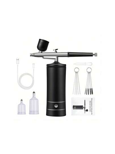 1set Spray Guns, Airbrush Kit With Compressor - 48PSI Rechargeable Cordless Non-Clogging High-Pressure Air Brush Set With 0.3mm Nozzle And Cleaning Brush Set For Nail Art, Painting, Cake Decor Tools