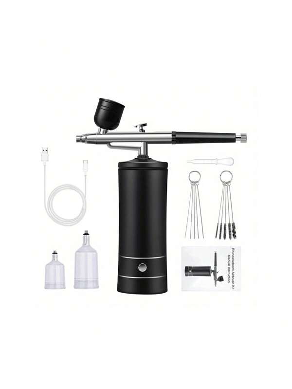 1set Spray Guns, Airbrush Kit With Compressor - 48PSI Rechargeable Cordless Non-Clogging High-Pressure Air Brush Set With 0.3mm Nozzle And Cleaning Brush Set For Nail Art, Painting, Cake Decor Tools