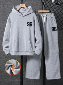 SHEIN 青少年男孩休闲街头纯色口袋百搭舒适纯色长袖连帽衫和运动裤套装，适合通勤、上学、日常休闲、旅行、运动、派对、秋冬 - 灰色 - 查看 6
