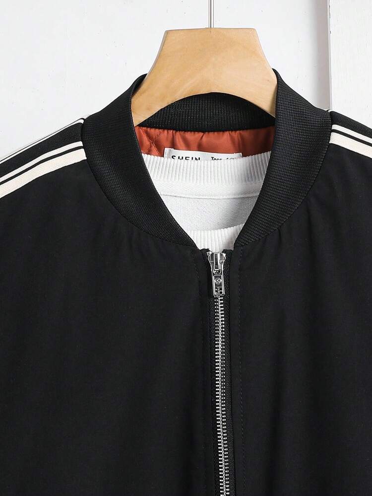 SHEIN 青少年男孩休闲拉链夹克外套，绗缝大衣，简约百搭多功能设计，适合通勤、上学、日常休闲、旅行、户外派对、运动、秋冬 - 黑色 - 查看 8