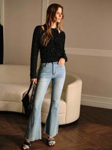 MOTF PREMIUM Conjunto de top de punto sin mangas con escote halter con lentejuelas y suéter corto de manga larga con twist - Negro - Ver 6