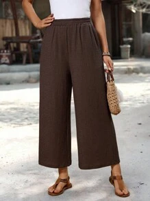 EMERY ROSE Women's Solid Color Casual Loose Fit Pants Brown Wide Leg Pants Women Wide Leg Pants Wide Leg Summer Pants Palazzo Pants Brown Pants Pants For Women Baggy Pants Back To School Clothes - Coffee Brown - View 7