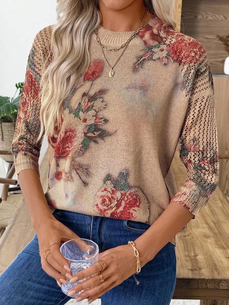 EMERY ROSE Nova blusa estampada, suéter estiloso de malha fina com manga 3/4 para mães de meia-idade e idosas - Multicolorido - Ver 1