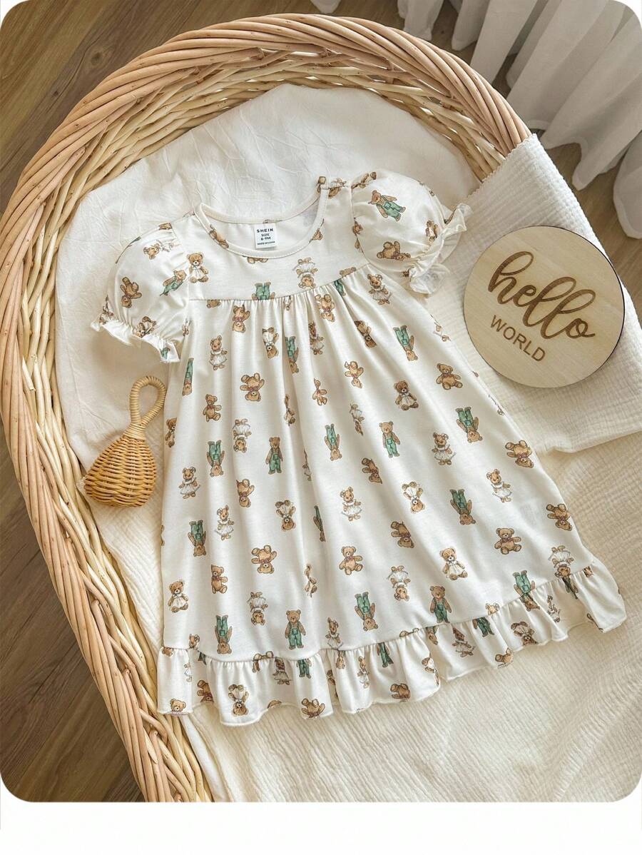 Bé Gái Dễ Thương ASlouchylouchy Họa Tiết Gấu Dệt Kim Váy Ngủ Có Đường Viền Cổ Bong Bóng Và Viền Ruffle Viền - Màu Khaki - Xem 1