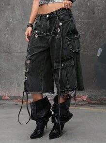 ROMWE Grunge Punk 街头朋克风做旧宽松超低腰女式牛仔七分裤 - 黑色 - 查看 4