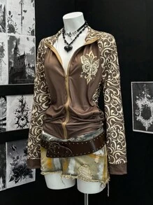 EgrlEra Women's Fashionable Punk Style Retro Printed Jacket Fall Winter Cloth For Women - Coffee Brown - View 4