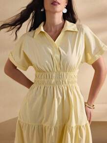 Modelyn Rochie de damă Plus Size, la modă, cu guler elastic, din bumbac, galbenă