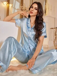 LuxeNights 女士新款提花仿丝纽扣短袖睡衣套装 - 藍色 - 查看 1