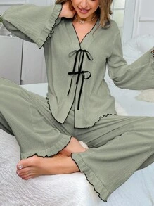 SHEIN 女士撞色滚边落肩休闲宽松夏季睡衣套装，秋冬服装 - 綠色 - 查看 4
