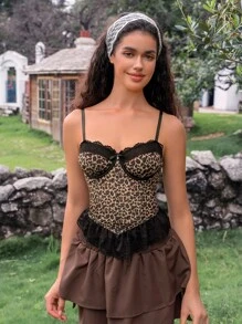 SHEIN 1pc Women's Lace Patchwork Leopard Print Underwire Sexy Bra Leopard Corset Top Cheetah Print Corset Corset Dress For Women Leopard Print Top Lace Corset Top - Multicolor - View 4