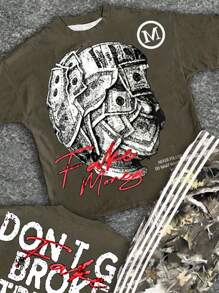 SHEIN 青少年男孩休闲简约时尚经典肖像和树叶树枝印花短袖圆领 T 恤和喇叭裤 2 件套，适合夏季