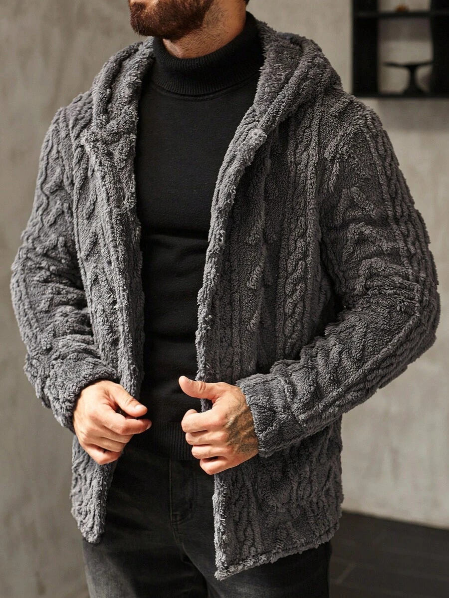 Manfinity Homme 男士长袖休闲纯色连帽外套，秋冬季百搭单品 - 灰色 - 查看 1