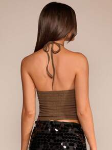 Glamine 棕色无袖针织吊带背心，带有木珠纹理，性感优雅的女士背心 - 卡其色 - 查看 2