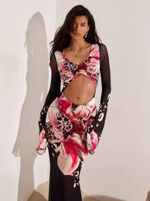 Opulessa 女式花卉印花露背喇叭袖连衣裙，性感度假连衣裙，女式花朵连衣裙，花卉礼服，女式度假服 - 黑色 - 查看 6