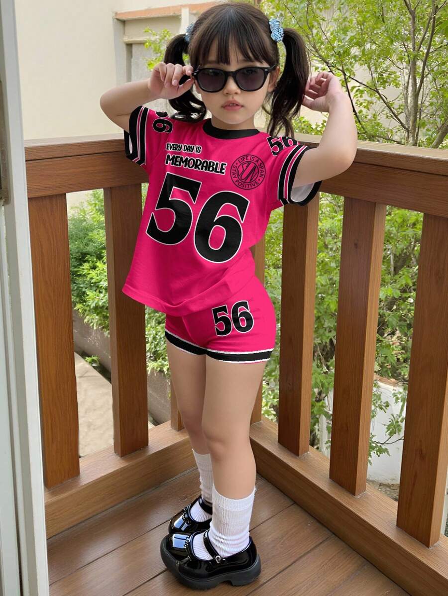 SHEIN 2 件/套女孩休闲运动风格服装,包括:短袖 T 恤,印有“Girls Trip”文字、数字 56 印花、“Every Day Is Memorable”标语、袖子色块设计;配套骑行短裤,适合夏季、运动、健身、休闲外出和社交活动 - 彩色 - 查看 1