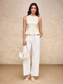 House of One Old Money Round Neck Jacquard White Top With Layered Flared Waist Hem Detail Women Elegant Summer Autumn White Peplum Top Peplum Tops Peplum Top Women White Elegant Top