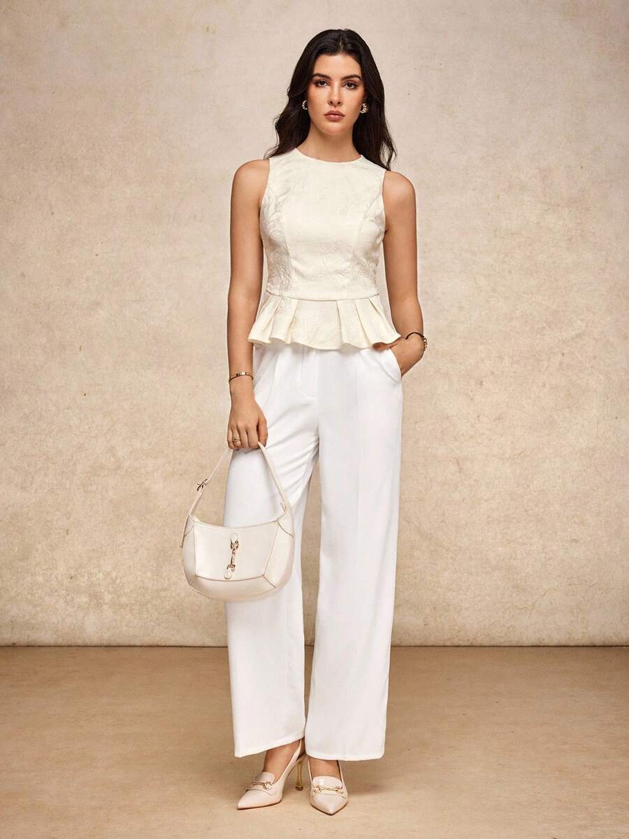 House of One Old Money Round Neck Jacquard White Top With Layered Flared Waist Hem Detail Women Elegant Summer Autumn White Peplum Top Peplum Tops Peplum Top Women White Elegant Top