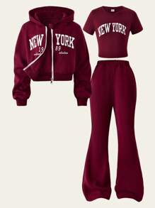 SHEIN Casuvi Kids Tween Girls Fleece Hooded Zip-Up Sweatshirt & Graphic Tee & Fleece Flared Pants 3-Piece Set Fall Winter