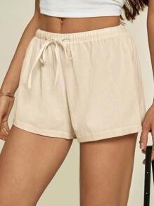 SHEIN Tall Quần short lưng thấp mùa hè dành cho nữ làm từ 100% cotton, cotton và vải lanh - Màu be - Xem 6