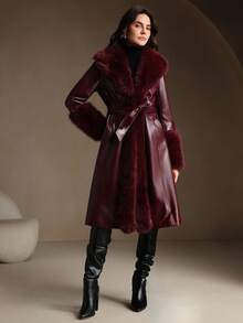 Anewsta Burgundy Shiny Leather Fitted Long Coat With Detachable Fur Collar, Fashion New Style For Autumn/Winter - Burgundy - View 9