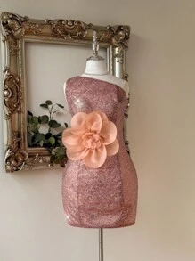 SHEIN Belle Elegant Champagne Pink Fine Sequined One-Shoulder Bodycon Dress,Gorgeous Oversized Stereo Floral Decor Wedding Guest Party Bachelorette Prom Cocktail - Champagne - View 5