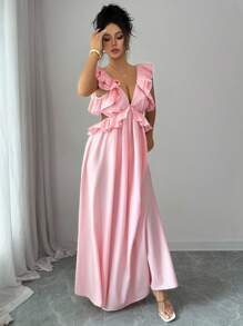 Elenzga Women Sexy Solid Deep V-Neck Tie Backless Layered Ruffle Trim Long Dress Fall Cloth For Women - Pink - View 5
