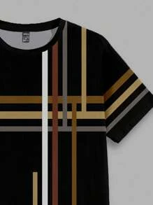 Manfinity Homme 简约多色块拼接撞色时尚休闲全身印花男式标准版型短袖T恤 - 黑色 - 查看 3