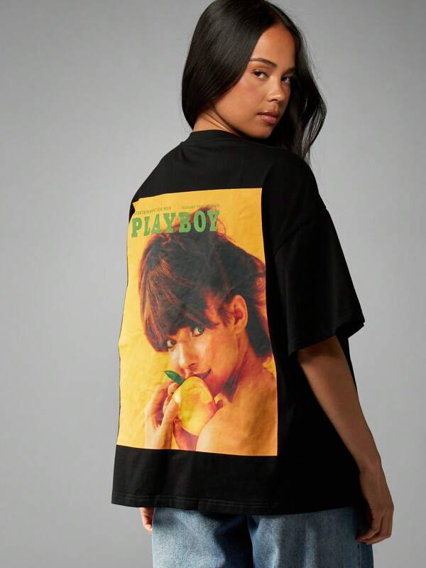 Missguided x Playboy 復古雜誌封面印花大版T恤，大面積背部圖案，90年代復古照片，Grunge街頭風，休閒居家舒適風格