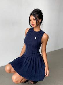 Aloruh Women's Fall Women Clothes Elegant Vintage Coin Embroidered Round Neck Pleated Sleeveless Sweater Mini Dress, Navy Blue - Navy Blue - View 5