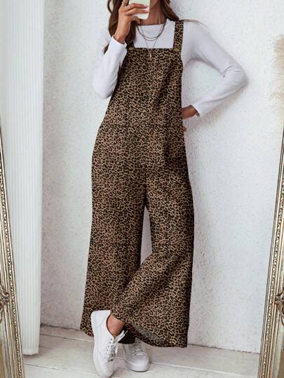 SHEIN LUNE Women's Casual Leopard Print Pocket Loose Jumpsuit Leopard Print Overalls Leopard Print Jumpsuit Cheetah Print Jumpsuit Leopard Pants Jumpsuit