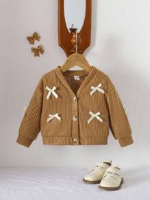 SHEIN Vintaside Kids Baby Girl V-Neck Bow Solid Color Long Sleeve Cardigan Sweater, Spring/Autumn Outerwear Fall Winter - Coffee Brown - View 3