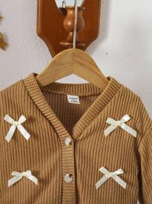 SHEIN Vintaside Kids Baby Girl V-Neck Bow Solid Color Long Sleeve Cardigan Sweater, Spring/Autumn Outerwear Fall Winter - Coffee Brown - View 5