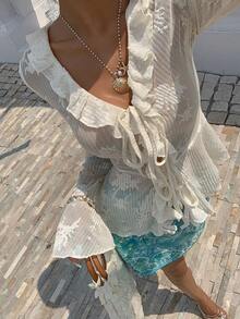 SHEIN Frenchy 女式花卉提花荷叶边领口前系带时尚喇叭袖衬衫 - 杏色 - 查看 4