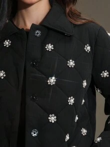 Anewsta 女式短款修身优雅厚重铆钉领黑色冬季外套 - 黑色 - 查看 4