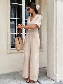 女式纯色简约V领短袖连体裤，日常穿着 - 杏色 - 查看 5