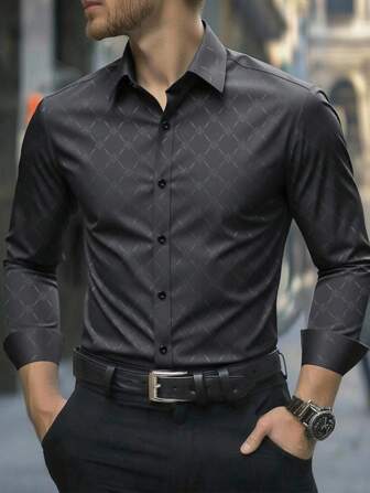 Manfinity Mode Chemise habillée formelle noire à manches longues et coupe slim pour homme, chemise à manches longues pour homme