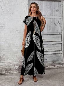 EMERY ROSE 大码黑色树叶剪影印花休闲连衣裙 - 黑色 - 查看 4