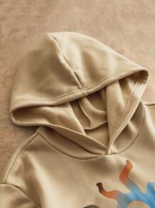 Manfinity NXTstreet 男士休闲针织太阳图案水印花连帽衫，适合日常穿着 男士连帽衫 图案男士连帽衫 套头衫 男士连帽衫 太阳图案连帽衫，Emo 风格，2000 年代风格，适合秋冬 - 卡其色 - 查看 4