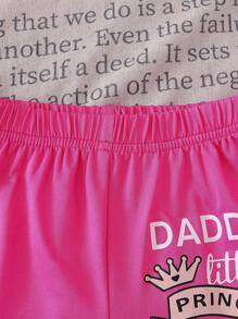 SHEIN Explorewe 2pcs Young Girls Fuchsia Cute Letter Graphic Short Sleeve T-Shirt And Fashionable Shorts Set, Summer - Hot Pink - View 7