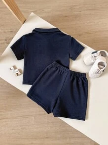 2 件套男婴/女婴休闲学院风落肩宽松针织上衣和短裤套装，适合春夏季穿着 - 藍色 - 查看 2