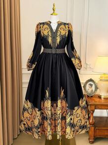 Rometta Never Out Of Style: Gothic Prep With A Wednesday Twist. Embrace Your Inner Shadow Dark Feminine Fashion. Plus Size Women's Popular Fashionable Versatile Thailand Maldives Travel Beach Resort Bohemian Floral Print Waist Cinched Round Neck Long Sleeve Flared Maxi Dress, Spring/Autumn/Winter Fall Cloth For Women